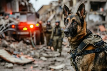 Service dog in tactical vest on a search and rescue mission in urban ruins. Emergency and rescue services concept. Destroyed buildings. Design for banner, poster - obrazy, fototapety, plakaty