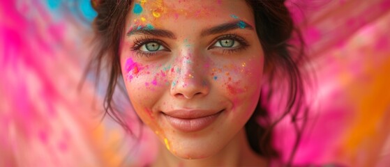 Beautiful woman at a holi festival. Colorful powder on her face. 