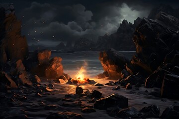 Flaming lava on the beach at night