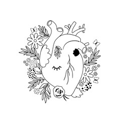 Floral anatomical heart for Valentines day black and white isolated element. Vector coloring page human heart