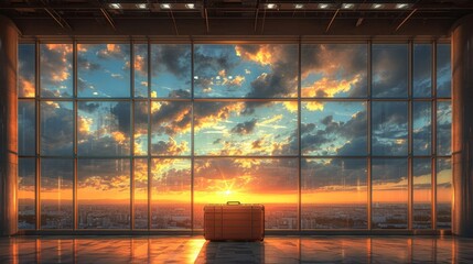 A lone suitcase in an airport lounge against the backdrop of a glowing sunset. Airport Lounge with Suitcase at Sunset