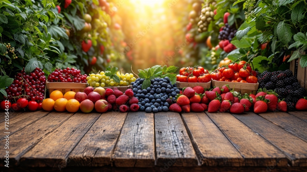 Wall mural summer fruits in garden background with empty wooden table top in front, sunlight soft background