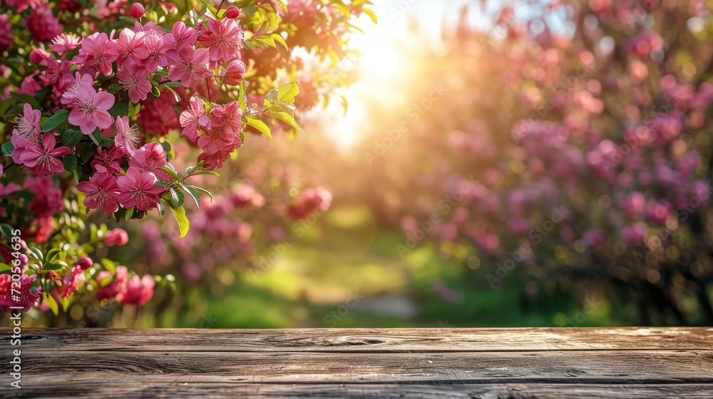 Poster Spring flowering  fruit garden background with empty wooden table top in front, sunlight soft background