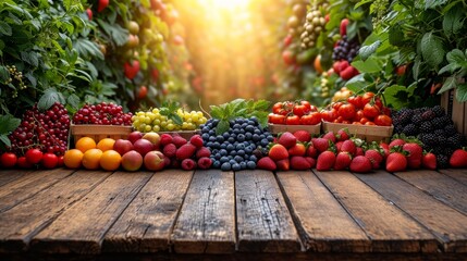 summer fruits in garden background with empty wooden table top in front, sunlight soft background