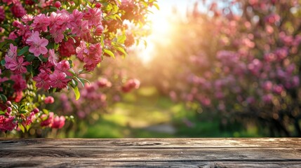 Spring flowering  fruit garden background with empty wooden table top in front, sunlight soft...