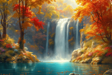 Fantasy waterfall with autumn trees and beautiful flowers, idyllic landscape - obrazy, fototapety, plakaty