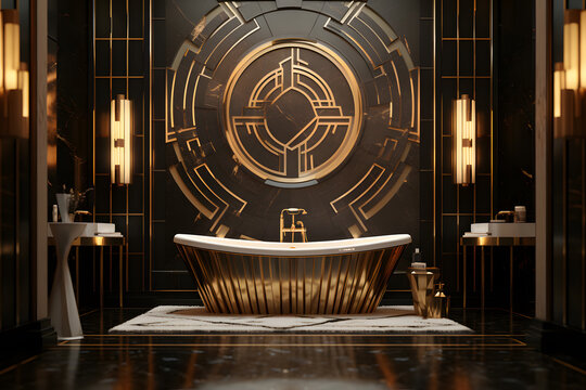 An Art Deco themed bathroom with a black and gold color