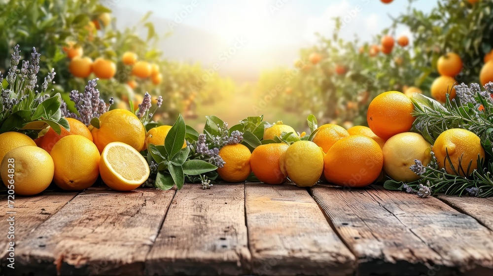 Poster summer citrus fruit mix in garden background with empty wooden table top in front, sunlight soft bac