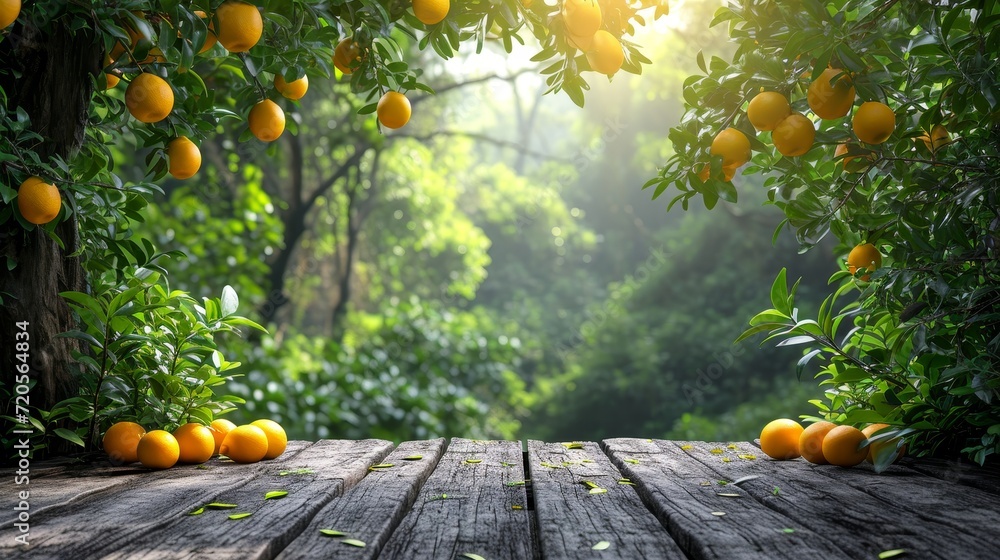 Poster a wooden table is adorned with a bountiful display of fresh and ripe oranges.