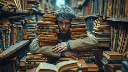Curious man immersed in history and science books at library, displaying deep interest in the past