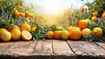 summer citrus fruit mix in garden background with empty wooden table top in front, sunlight soft...