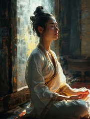 Naklejka premium Glowing Zen Woman in Meditation