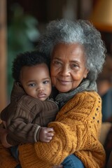 Obraz premium A heartwarming image featuring a grandmother and her grandson sharing a warm and affectionate embrace while surrounded by soft blankets and cozy lighting, creating a cherished family moment.