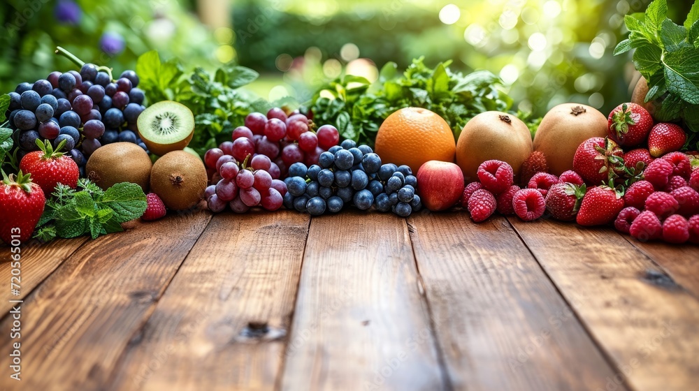 Poster summer fruits garden background with empty wooden table top in front, sunlight soft background