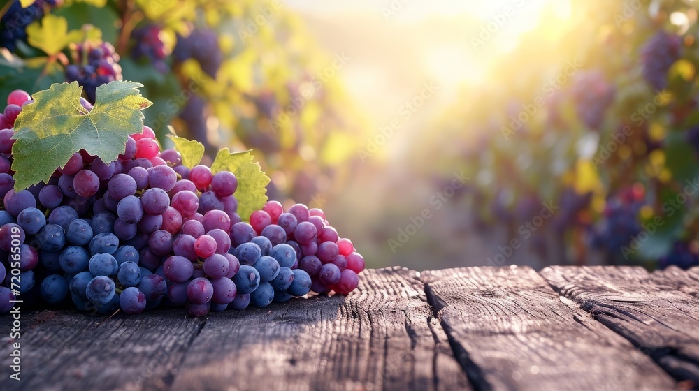 Poster Autumnal red grape fruits vineyard garden background with empty wooden table top in front, sunlight soft background