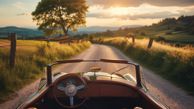 Fototapeta A family road trip in a vintage car traveling through a picturesque countryside.