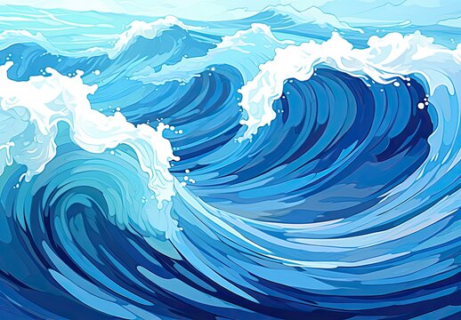 Blue abstract ocean seascape. Surface of the sea. Water waves in watercolor style. Nature background. Illustration for cover, card, postcard, interior design, decor or print.