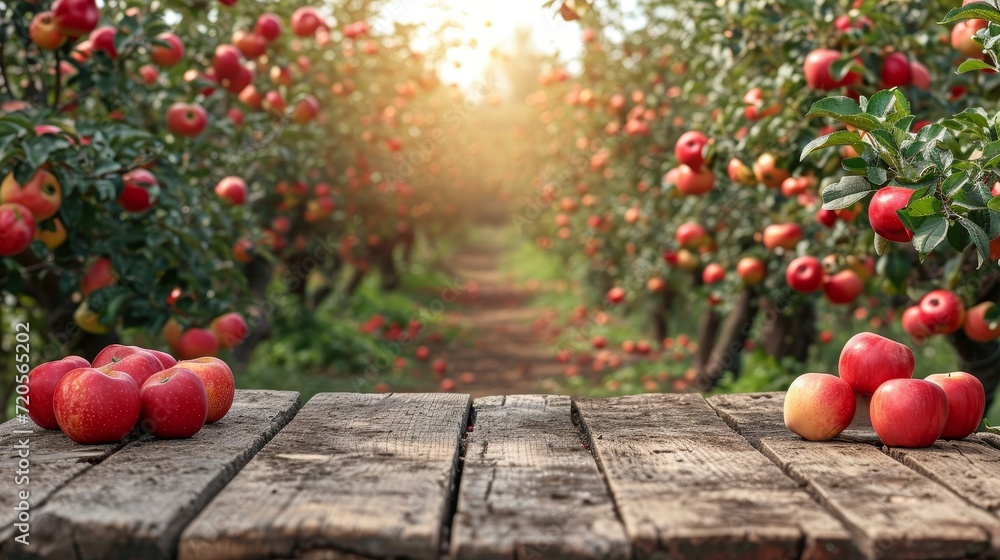 Poster a wooden table is placed on a field and topped with a variety of ripe and juicy apples.