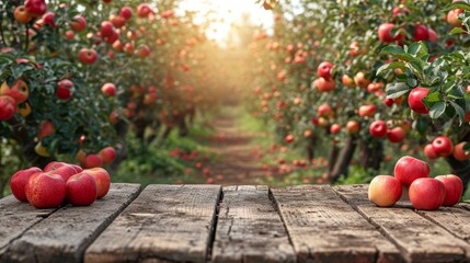 A wooden table is placed on a field and topped with a variety of ripe and juicy apples. - obrazy, fototapety, plakaty