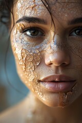 Fototapeta premium Close-up of a young woman's face with cracked makeup, revealing peeling layers of powder and paint, creating an interesting and artistic image of beauty and decay.