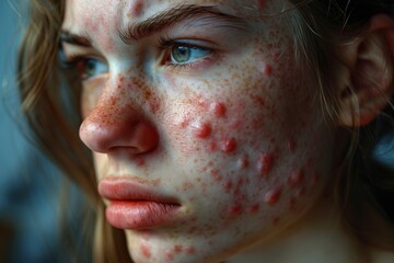 Close-up portrait of a young woman with severe acne, skin problems, and signs of vitamin deficiency. Her troubled expression reflects the challenges of dealing with skin issues.