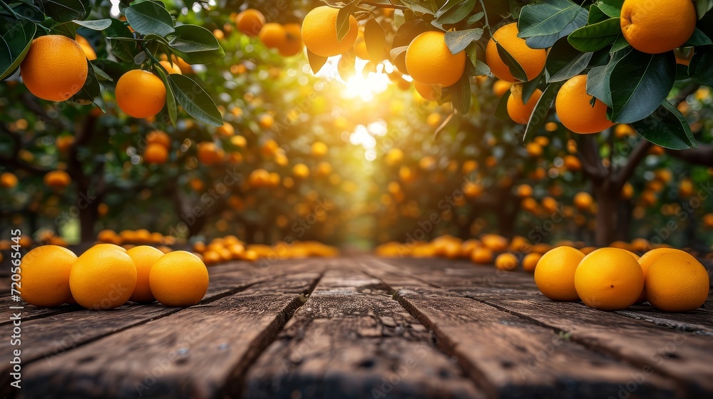 Poster orange fruits garden background with empty wooden table top in front, sunlight soft background
