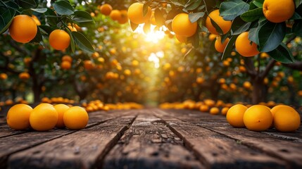 Orange fruits garden background with empty wooden table top in front, sunlight soft background