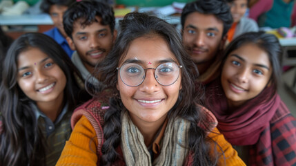 Fototapeta premium A group of joyous indian students gather at an event, mingling with the audience and beaming smiles as they capture moments with selfies, radiating a sense of joy and celebration.