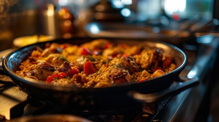 Chicken and Rabbit Paella against a traditional Spanish kitchen