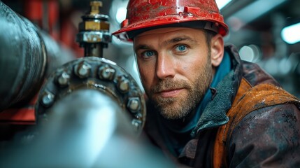 A professional plumber wearing protective gear, repairing a major leak in an industrial pipeline. The worker is using specialized tools to fix the issue.