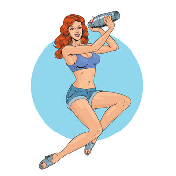 Woman holding cocktail shaker bottle. Attractive female bartender or barmaid making alcoholic cocktail isolated on the white background. Vintage pinup style vector illustration