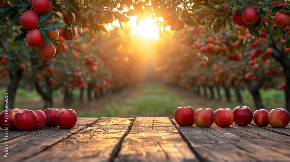Poster summer apple fruit garden background with empty wooden table top in front, sunlight soft background