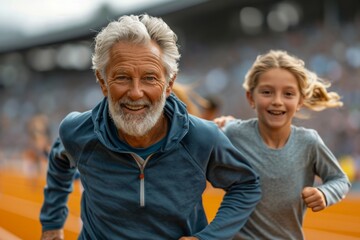 An active and cheerful elderly man with a smile on his face enjoying sports activities with his grandchildren, passing on the value of a healthy lifestyle to the younger generation.