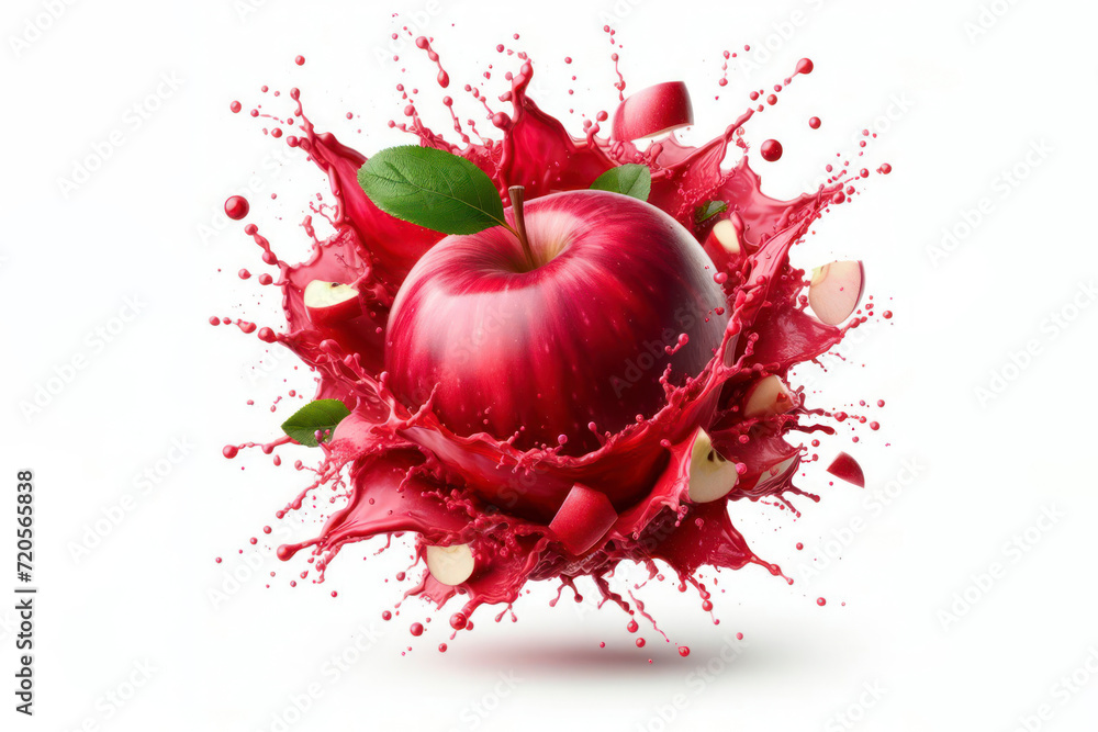 Poster exploding red apple fruit juice isolated on solid white background. ai generative