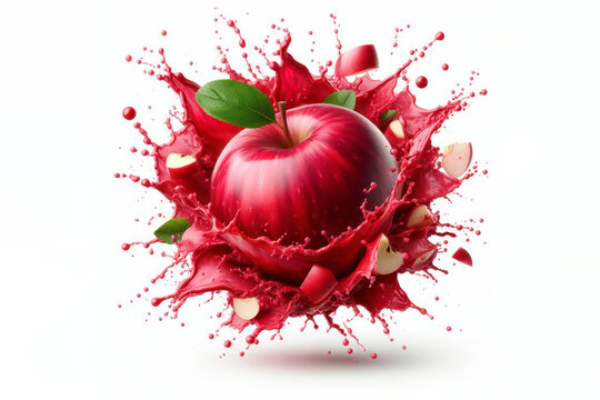 Exploding red apple fruit juice isolated on solid white background. ai generative