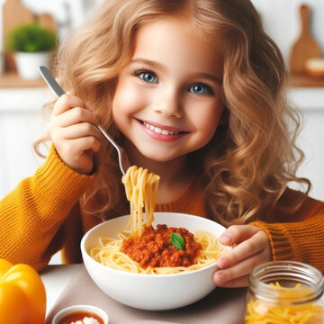 Cute little girl eating spaghetti bolognese isolated on solid white background. ai generative