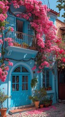 Charming Blue House Adorned with Pink Bougainvillea flowers.