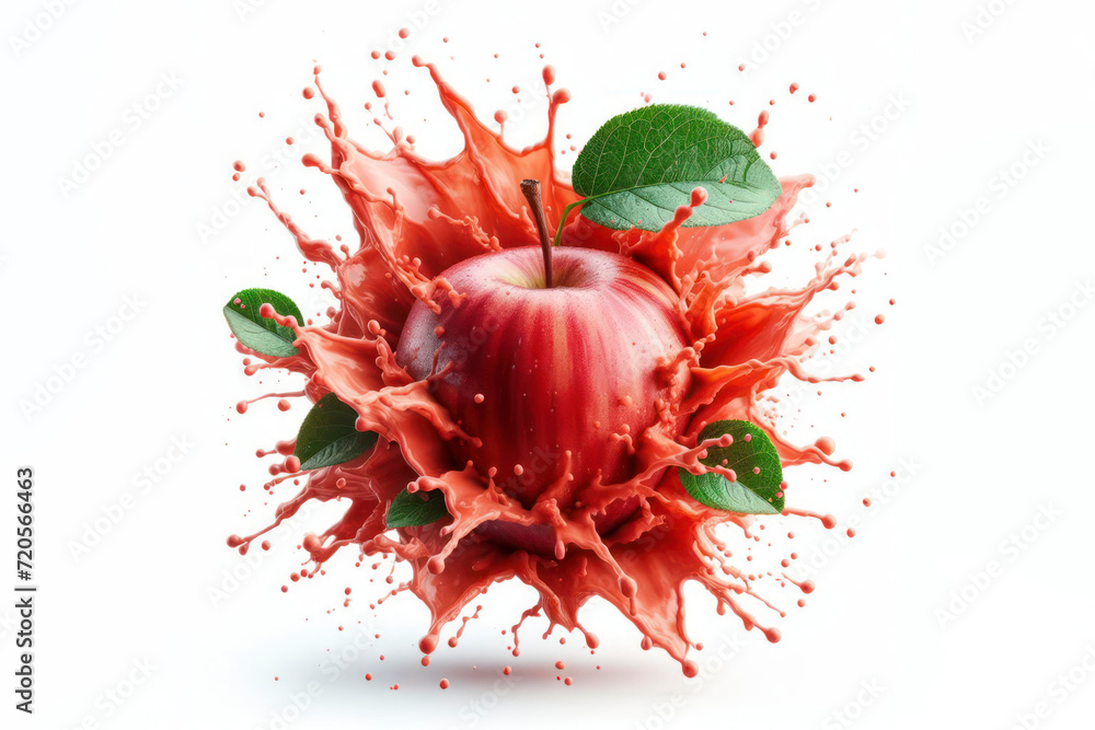 Poster exploding red apple fruit juice isolated on solid white background. ai generative