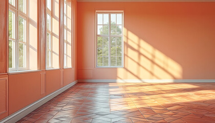 Spacious room with terracotta walls, tiled floor, and sunlight through windows