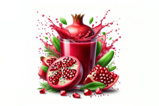 Fresh Pomegranate juice, smoothie splash wave isolated on white background. ai generative
