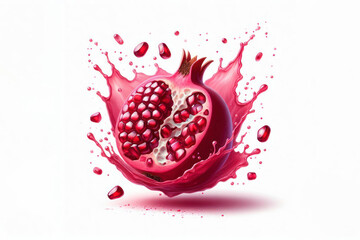 Fresh Pomegranate juice, smoothie splash wave isolated on white background. ai generative
