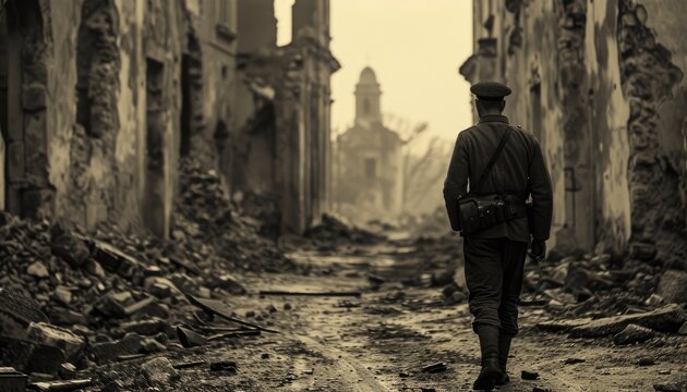 Dusk of Desolation: A Sepia-Toned Image - A Soldier Amidst a Ruined City at Dusk, Poignantly Highlighting the Futility and Sorrow of War.




