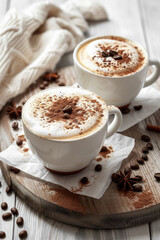 two cups of cappuccino with cocoa powder in a light setting