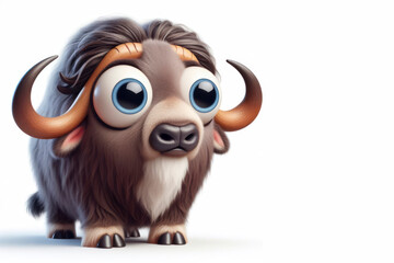 full body Funny Portrait of surprised muskox with bulging big eyes on solid white background. ai generative