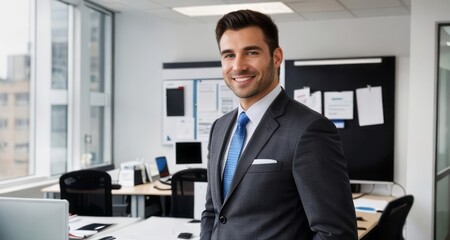 Naklejka na ściany i meble Confident Business Professional in Modern Office Environment, Executive Man with Positive Expression in Corporate Suit