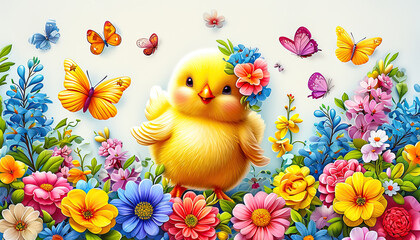 Obraz na płótnie Canvas Adorable Yellow Chick Among Decorated Easter Eggs and Spring Flowers with Butterflies Illustration