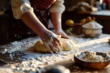 Obraz na płótnie Canvas Man kneading dough on wooden table with flour, closeup