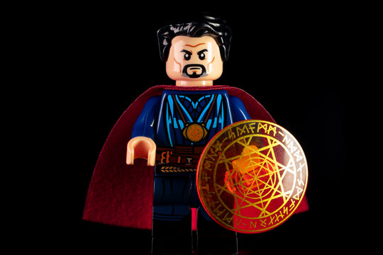 LEGO Marvel's Doctor Strange in a red Cloak of Levitation and an orange shield