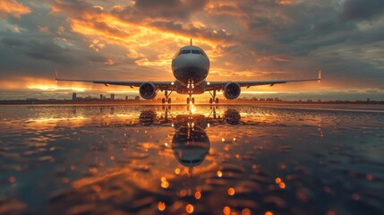 Commercial Airplane on Runway at Sunset with Dramatic Sky Reflection