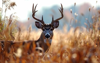 deer antlers framed against a backdrop of tall grass